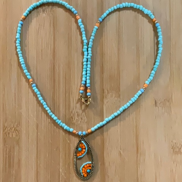 Hand Crafted Pendant Necklace Seed Beads Turquoise Orange Gold tone findings - Picture 1 of 8